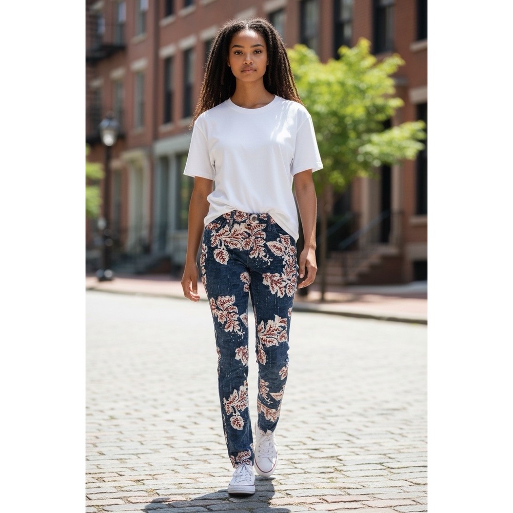 Free People Size 26 Low‎ Rise Floral Print Blue Corduroy Pants Jeans Rare